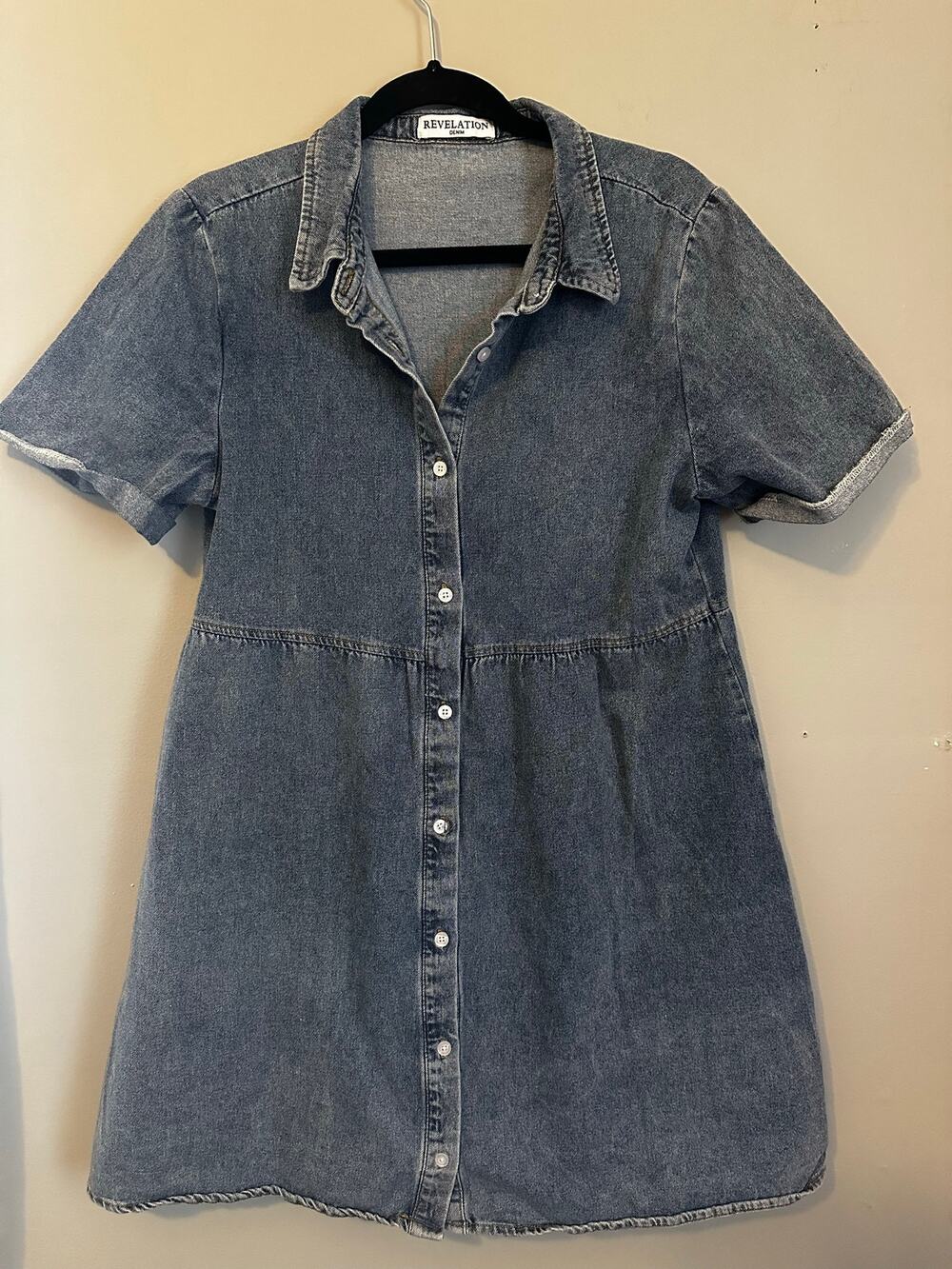Revelation Denim Chambray Shirt Dress Blue Button Front Short Sleeve